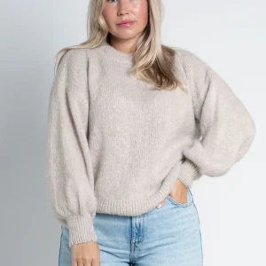 Strickpullover mit Rundhals & puffigen Ärmeln Beige