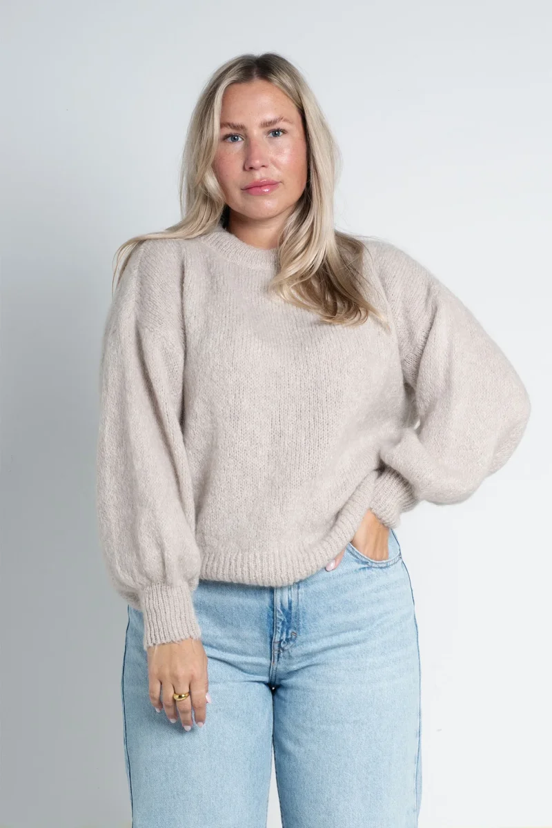 Strickpullover mit Rundhals & puffigen Ärmeln Beige