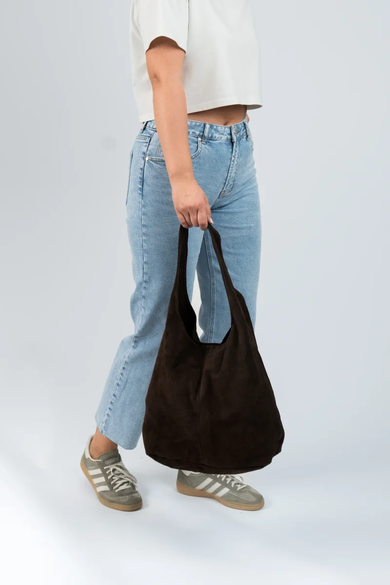 Wildleder Tasche mit Schulterriemen und Pochette Dunkelbraun