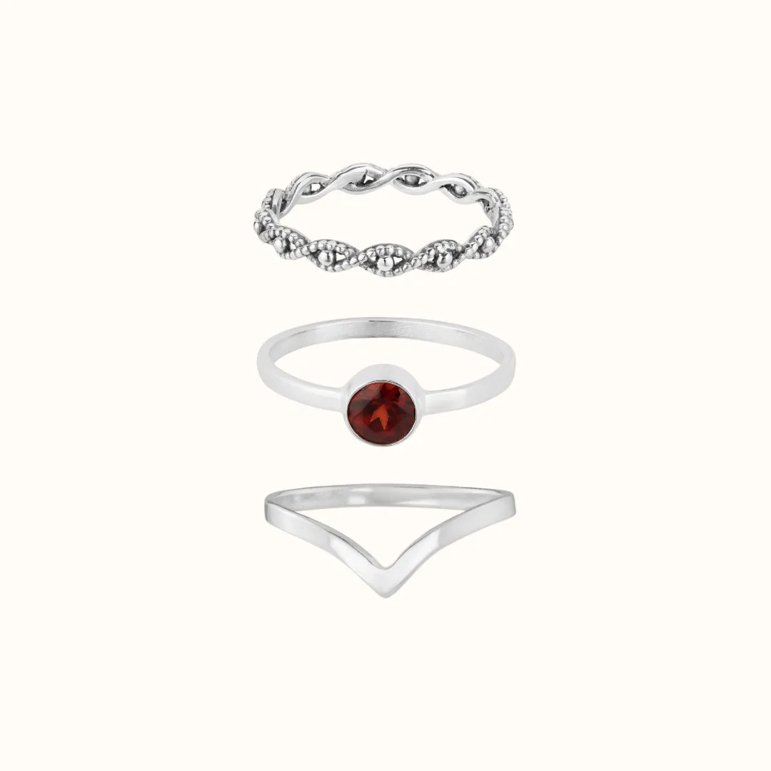 Una Granat Ring Silber Set